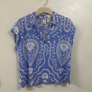 Joie Blue White Floral 100% Linen Collared V-Neck Top Blouse Large